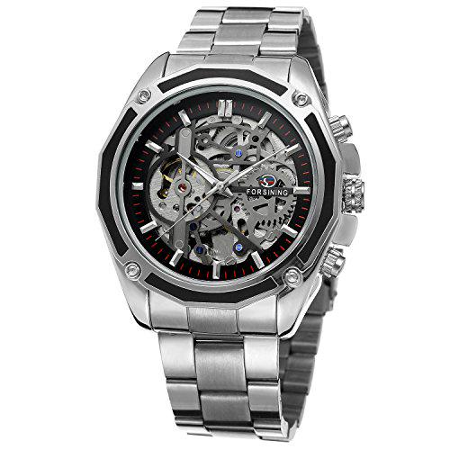 Forsining Men's Auto Watch, 1 Pc, Silver Stainless Steel Bracelet, Unique Dial, Chinese Movt, Branded Style Clock