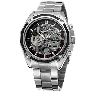 Forsining Men's Auto Watch, 1 Pc, Silver Stainless Steel Bracelet, Unique Dial, Chinese Movt, Branded Style Clock