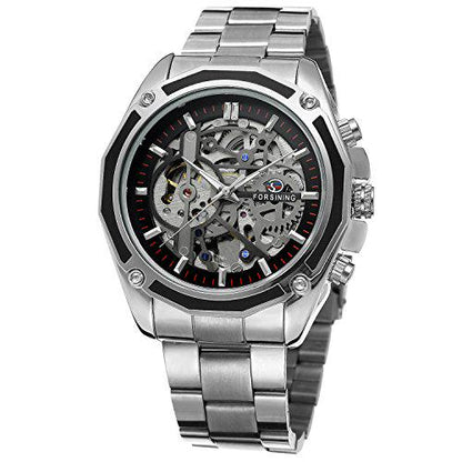 Forsining Men's Auto Watch, 1 Pc, Silver Stainless Steel Bracelet, Unique Dial, Chinese Movt, Branded Style Clock
