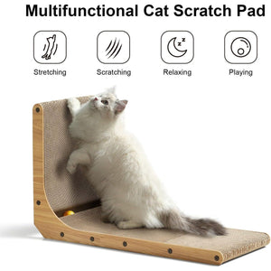 FUKUMARU L Shape Cat Scratcher Wall Mounted 26.8 Inch with Ball Toy and Cardboard Pad for Indoor Cats