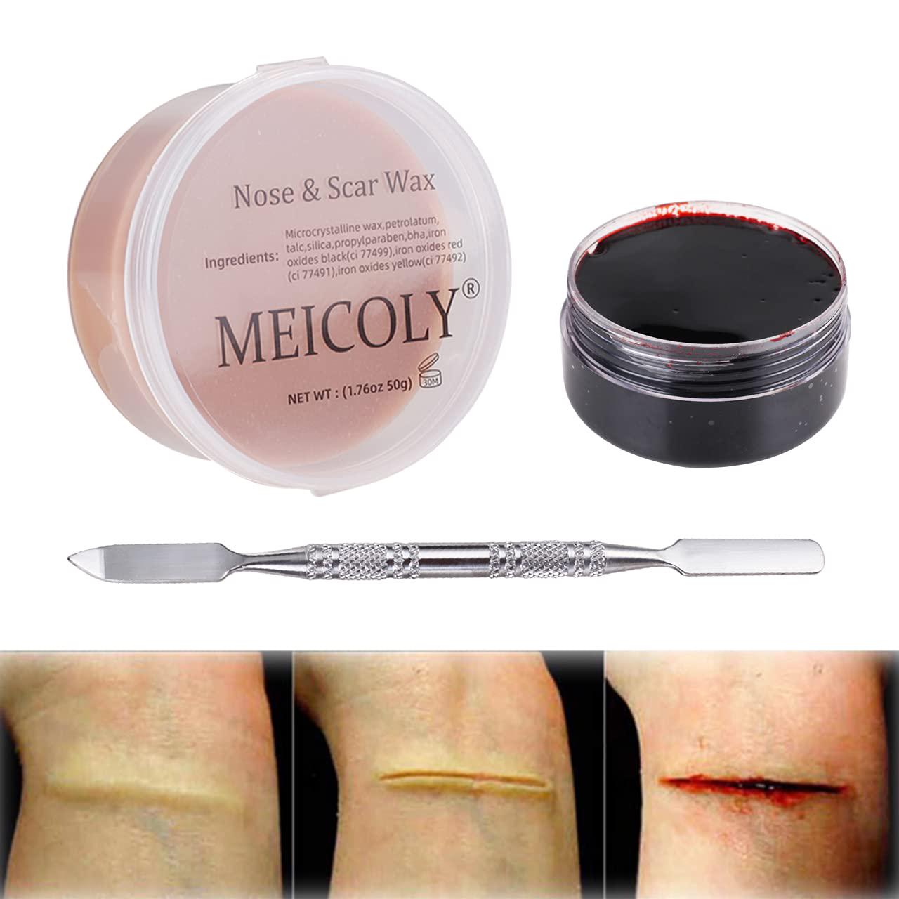 Fake Nose Putty For Santa Christmas Makeup,MEICOLY 3pcs SFX Special Effects Makeup Kit,Scar Wax Fake Scar Modeling Wax For Fake Scar And Wound With Spatula ,Fake Blood Scab Coagulated Blood Gel,Dark,