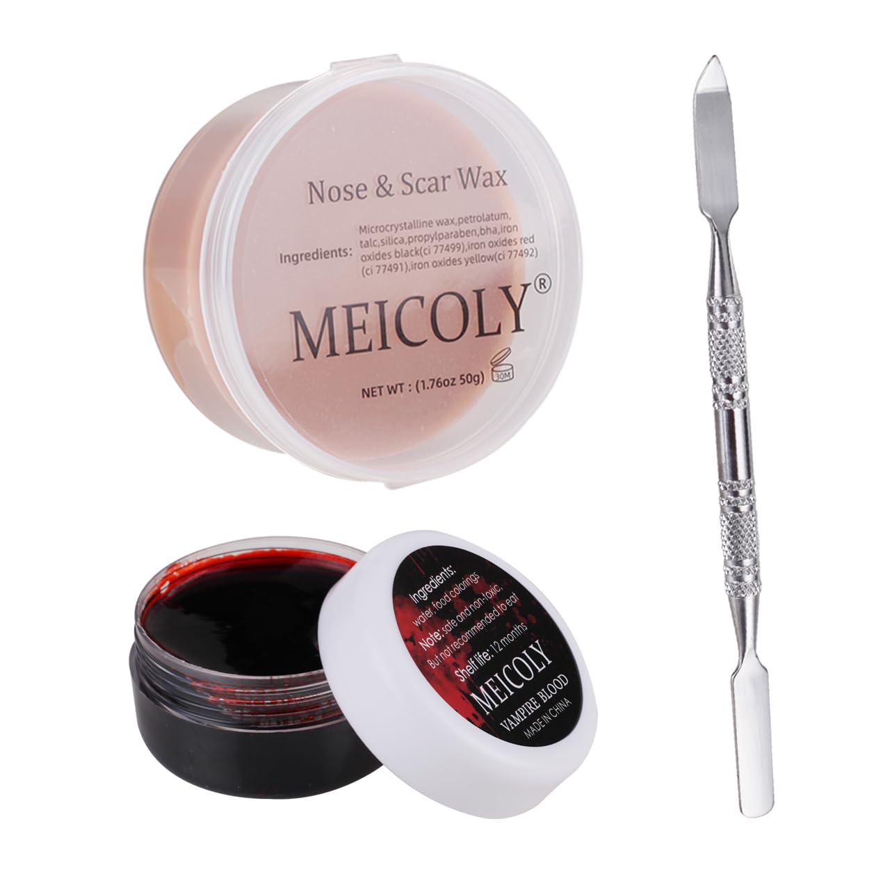 Fake Nose Putty For Santa Christmas Makeup,MEICOLY 3pcs SFX Special Effects Makeup Kit,Scar Wax Fake Scar Modeling Wax For Fake Scar And Wound With Spatula ,Fake Blood Scab Coagulated Blood Gel,Dark,