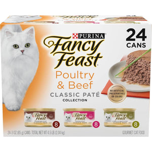 Fancy Feast Classic Pate Wet Cat Food 3 oz Cans Pack of 24 Poultry and Beef Feast Grain Free Collection