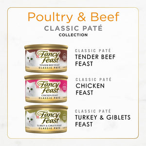 Fancy Feast Classic Pate Wet Cat Food 3 oz Cans Pack of 24 Poultry and Beef Feast Grain Free Collection