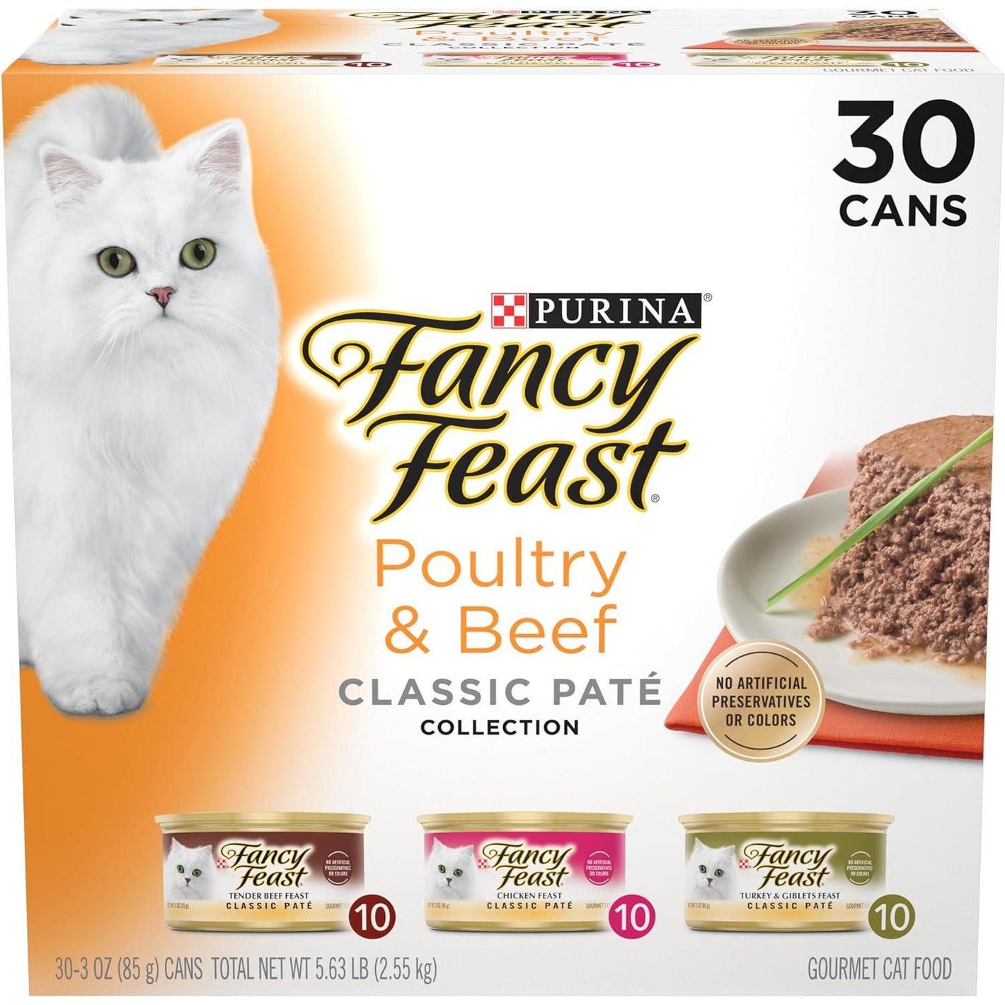 Fancy Feast Poultry & Beef Feast Classic Pate Collection – Grain-Free Wet Cat Food, Variety Pack of 30 (3 oz Cans) for Cats