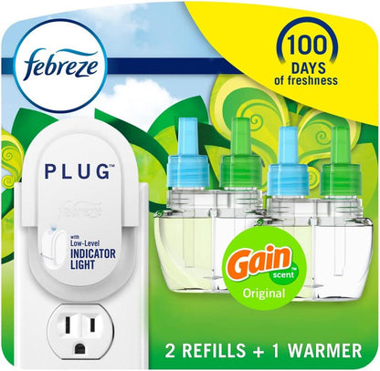 Febreze Plug-In Air Freshener Odor-Fighting Scented Oil Starter Kit, Long-Lasting for Strong Odors, Gain Original Scent Warmer, 2 Refill Pack