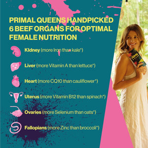 Primal Queen Female-Optimized Beef Organ Superfood Supplement (Beef Liver, Kidney, Heart, And 3 More) - 100% Grass Fed, Pasture Raised Cattle - Balance Hormones, Energy, And More For Women