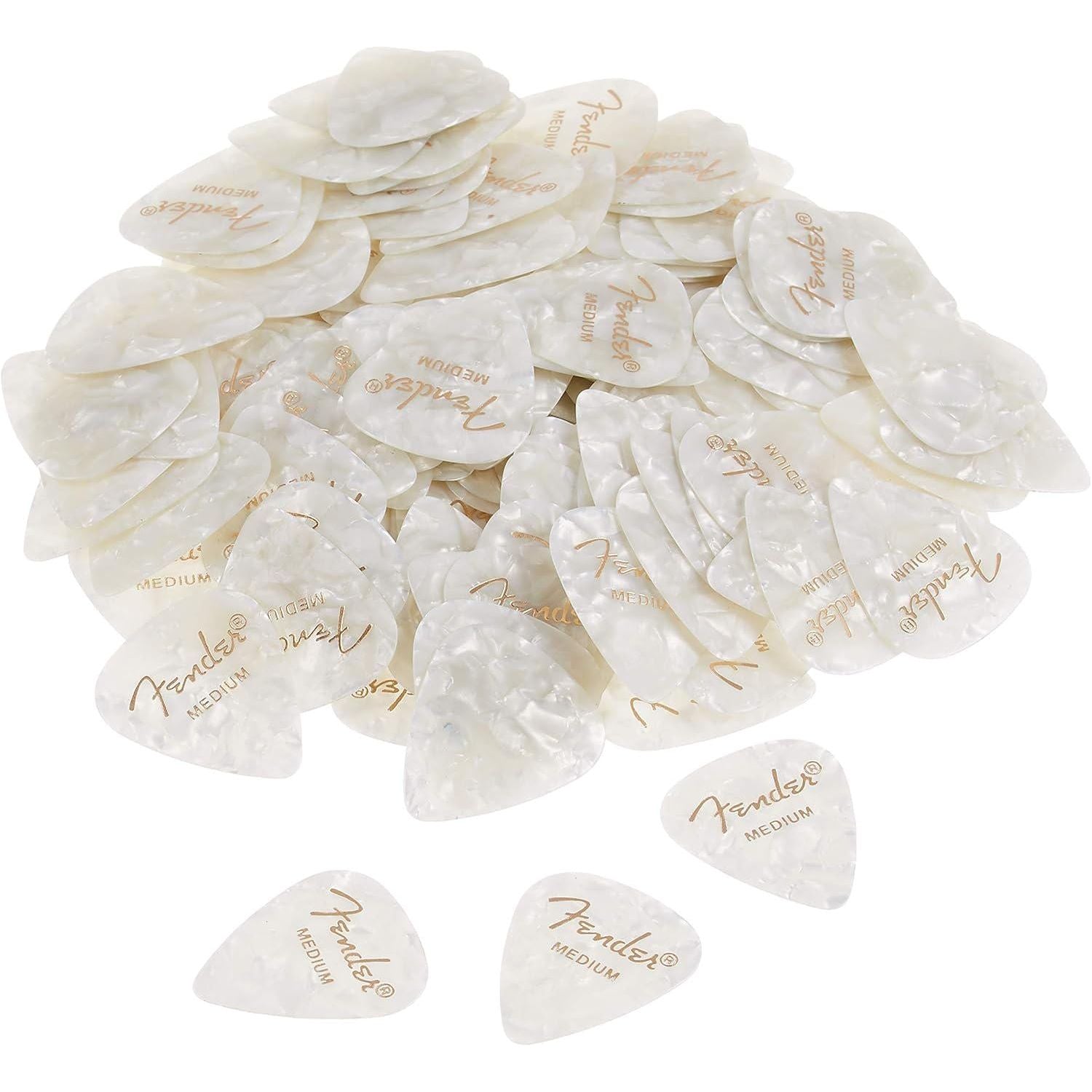 Fender Premium Celluloid Guitar Picks 351 Shape, Guitar Accessories, White Moto, Medium, 144-Pack,