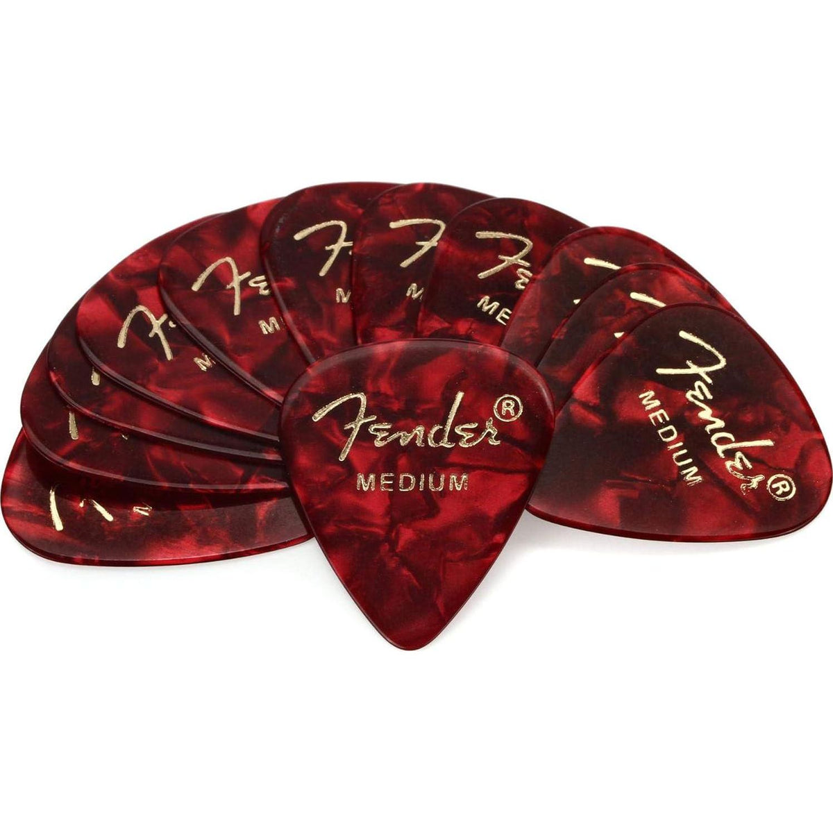 Fender Premium Celluloid Guitar Picks 351 Shape, Guitar Accessories, Red Moto, Medium, 12-Pack,