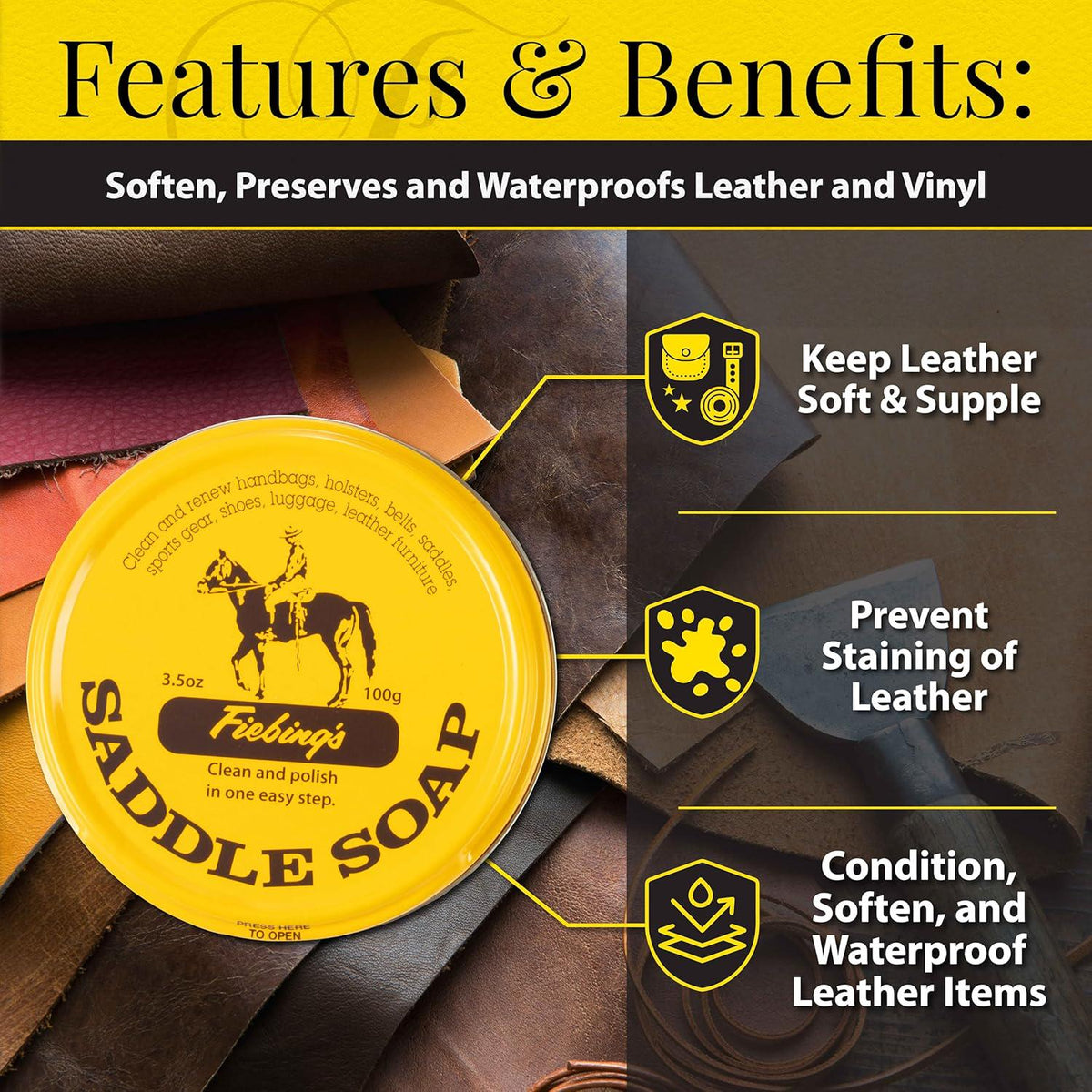 Fiebing's Yellow Saddle Soap For Leather (3.5 Oz Tin) - Leather Cleaner And Conditioner To Soften, Protect And Restore Leathercraft - Leather Soap For Car Seat, Couch, Shoe, Purse, Boot, Bag, And Saddles,