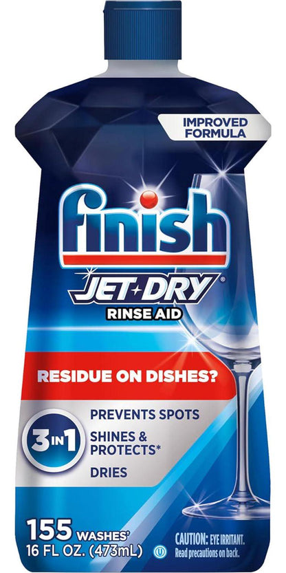 Finish Jet-Dry Dishwasher Rinse Aid, 16 oz, Prevents Spots & Residue, Dries Shine, Protects Dishes, 155 Washes
