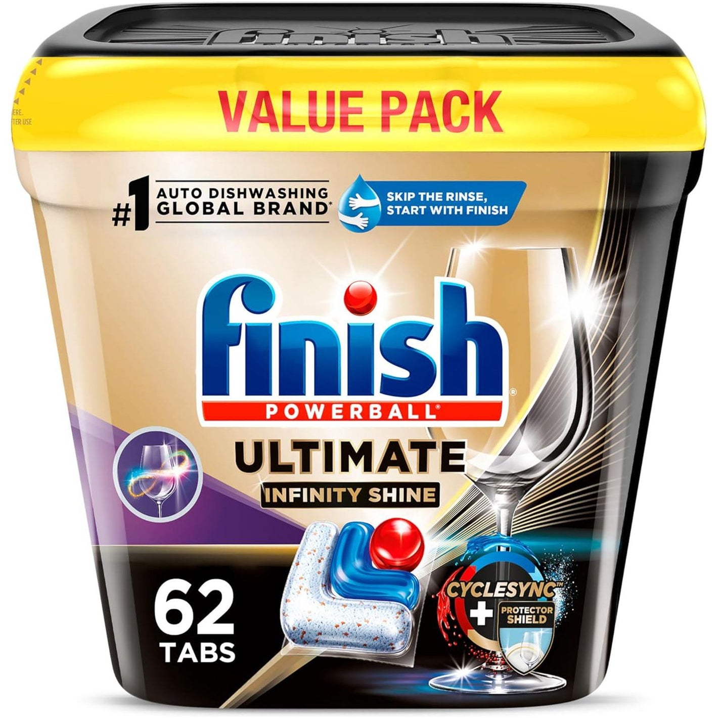 Finish Finish Ultimate Infinity Shine Dishwasher Pods, No Pre-Rinse Dishwasher Detergent Soap Removes Burnt-On Stain, With Protector Shield And CycleSync Technology, Degreasing And Scrubbing Power, 62 Count