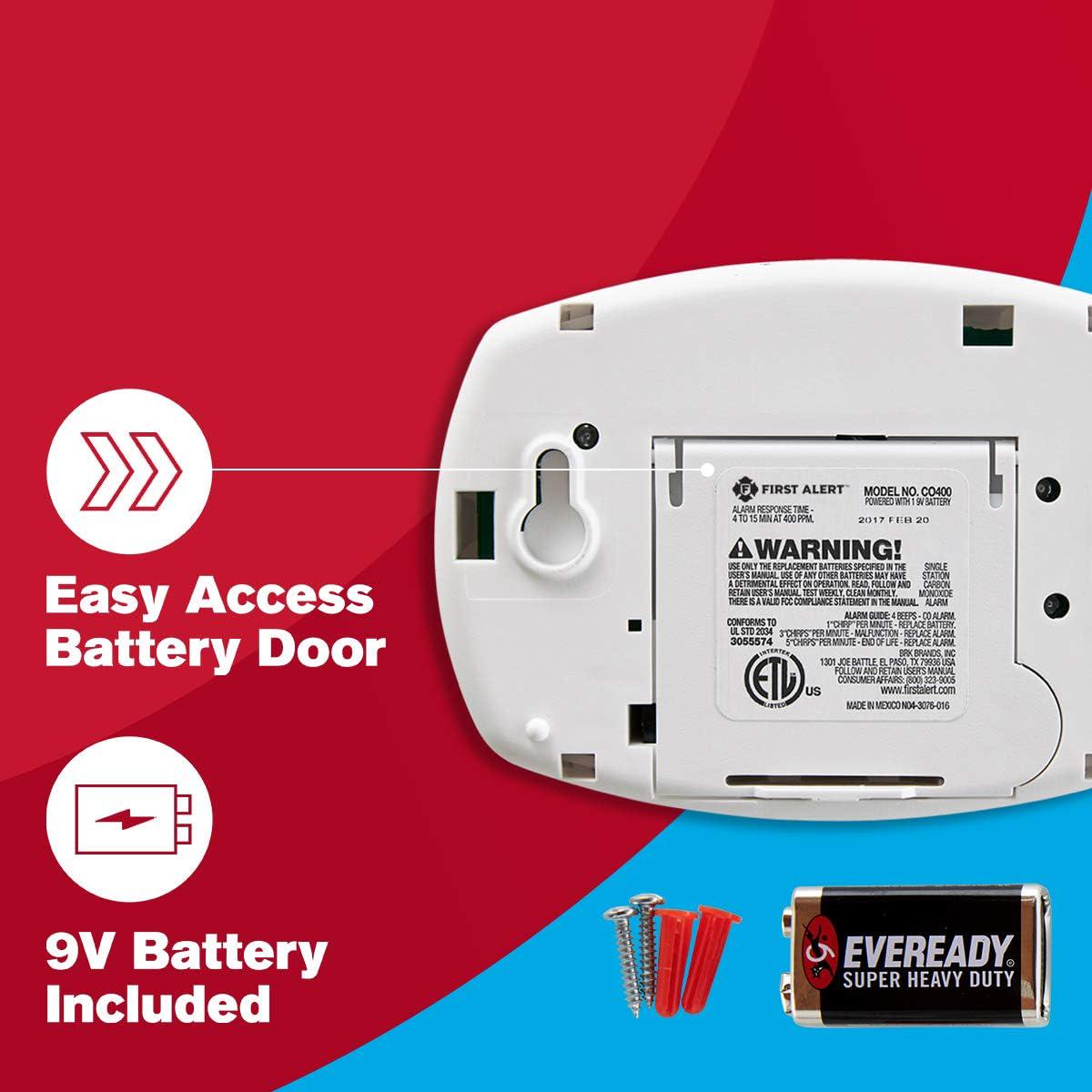 First Alert Carbon Monoxide Detector, Battery Operated Alarm With Test And Silence Button, CO400, White, 1-Pack,029054000699