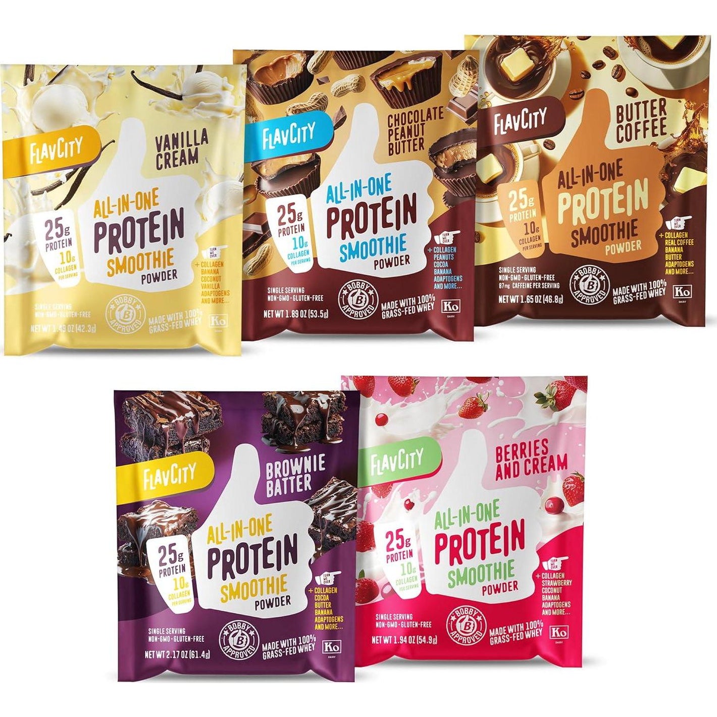FlavCity All-In-One Protein Smoothie Powder, Variety Pack (5 Single Serve Packets), 100% Grass-Fed Whey Protein, 25g Protein, 10g Collagen, Gluten-Free, Pre & Post Workout Drink
