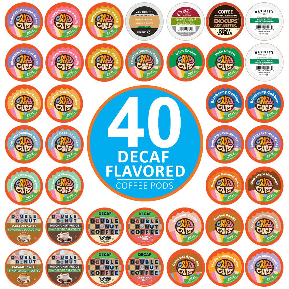 Crazy Cups Flavored Decaf Coffee Pods Variety Pack Compatible With Keurig K Cups Brewers, 40 Count, Assorted Decaffeinated Flavored Coffee Sampler(Pack Of 1)