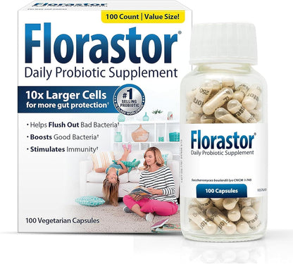Florastor Probiotics for Digestive & Immune Health, 100 Capsules, Helps Balance Gut Bacteria with Unique Saccharomyces Boulardii Strain