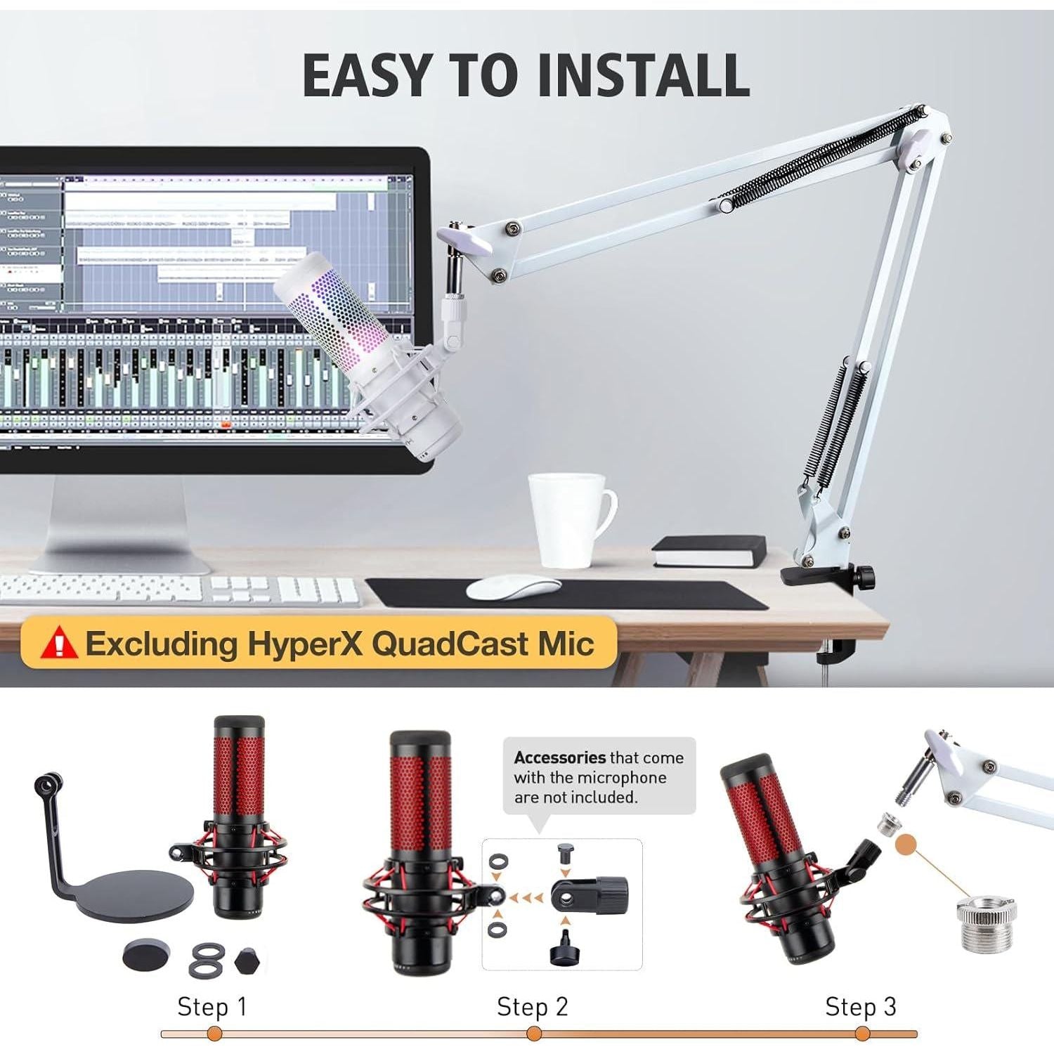 For HyperX QuadCast S White Boom Arm - White Mic Arm Compatible With Hyper X QuadCast, Microphone Boom Arm With Pop Filter, Improve Sound Quality, Mic Boom Arm For Hyperx QuadCast By SUNMON,