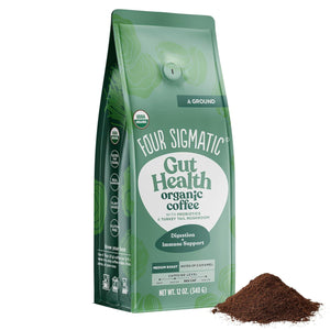 Four Sigmatic Happy Gut Organic Ground Coffee, Medium Roast, Immune-Boosting Probiotic Mushroom Coffee with Chaga & Turkey Tail, 12oz Bag