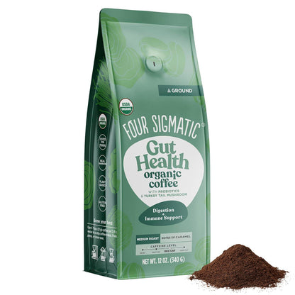 Four Sigmatic Happy Gut Organic Ground Coffee, Medium Roast, Immune-Boosting Probiotic Mushroom Coffee with Chaga & Turkey Tail, 12oz Bag