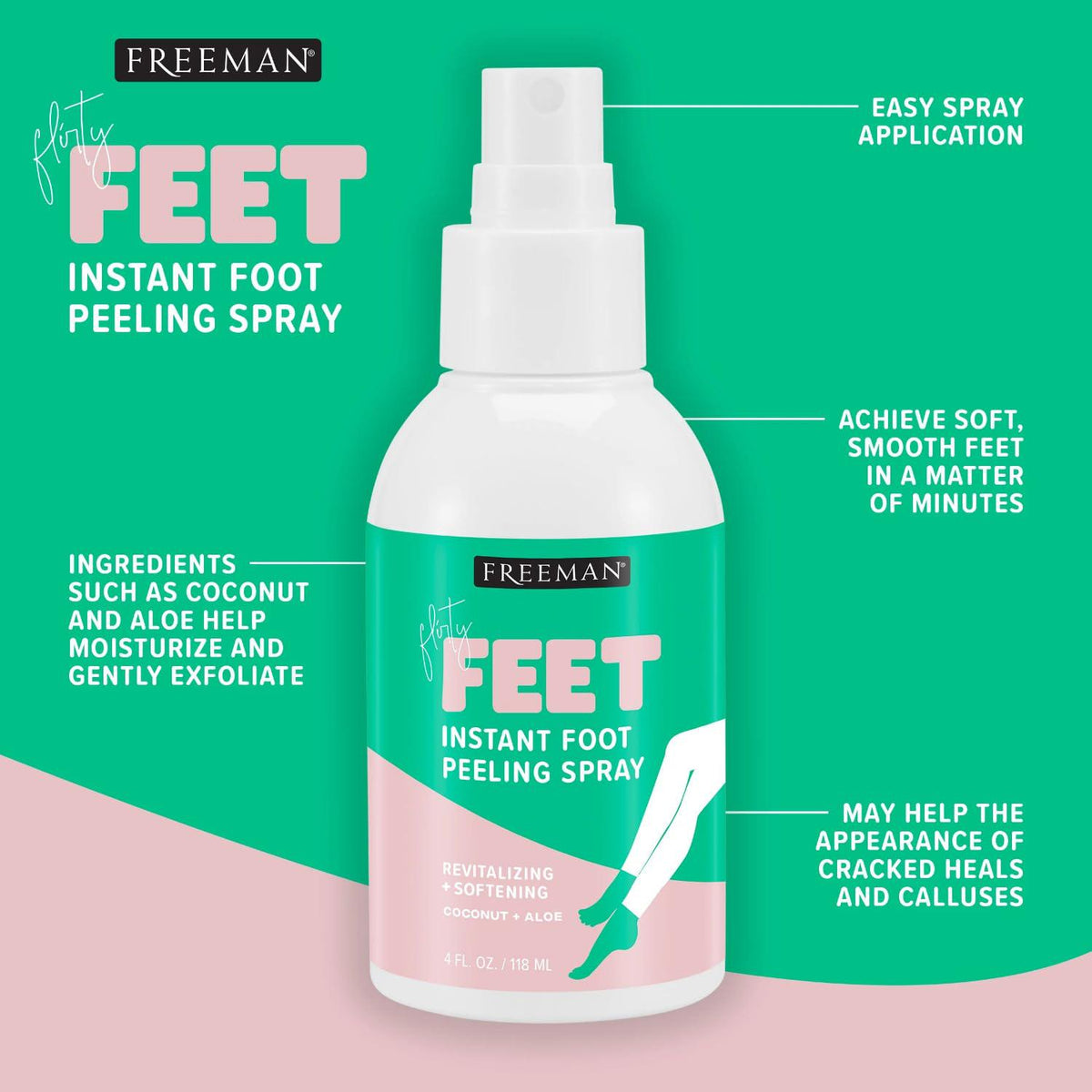 Freeman Freeman Flirty Feet Instant Foot Peeling Spray, Exfoliating Foot Mask For Summer, Moisturizing And Smooth Dry, Cracked Heels, Remove Dead Skin Quickly, Cruelty-Free And Vegan, 4 Fl.oz./ 118 Ml Bottle