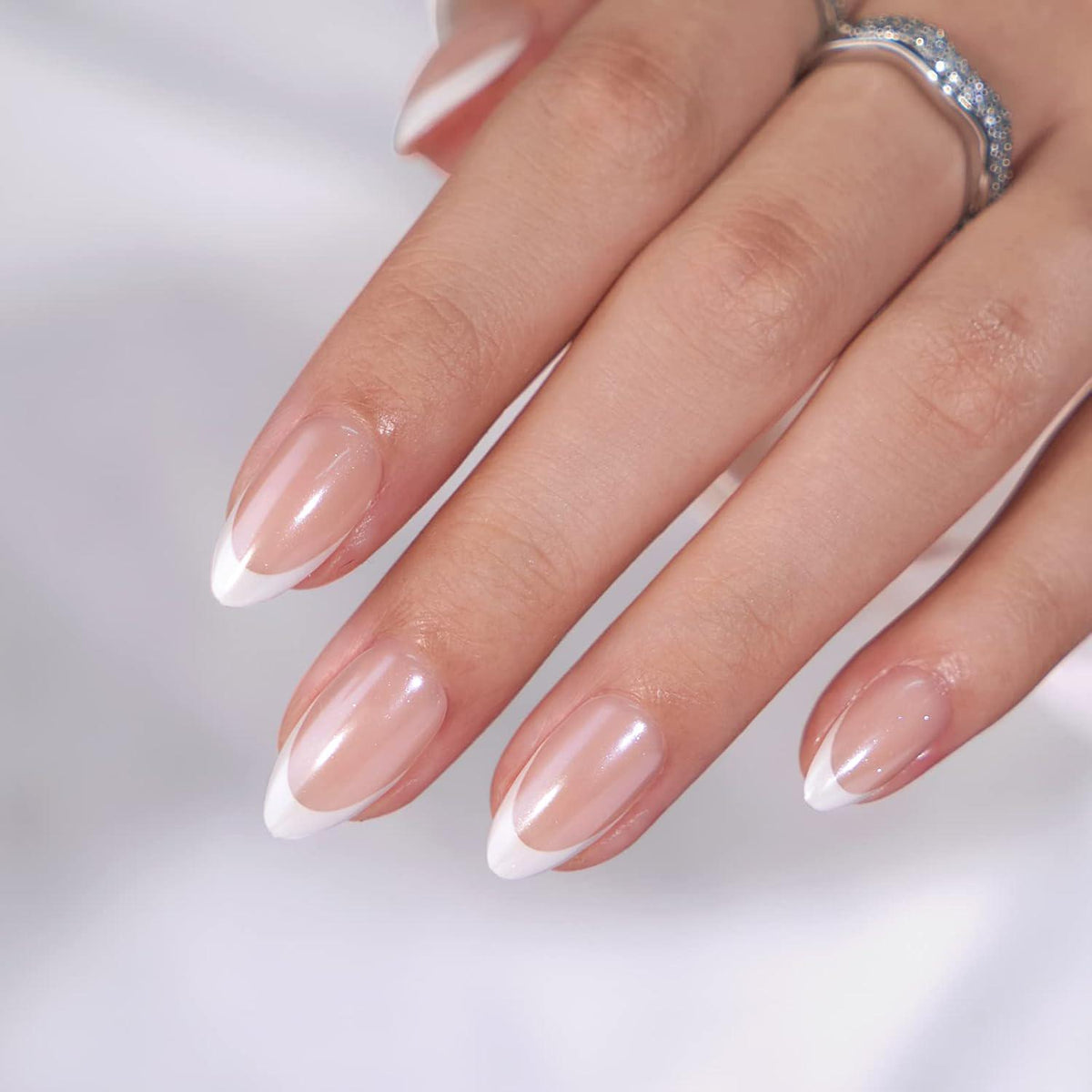 BTArtbox French Tip Press On Nails - BTArtbox White Almond Medium Reusable Stick On Nails In 15 Sizes - 30 Soft Gel Fake Nail Kit For Women Gift, Classic
