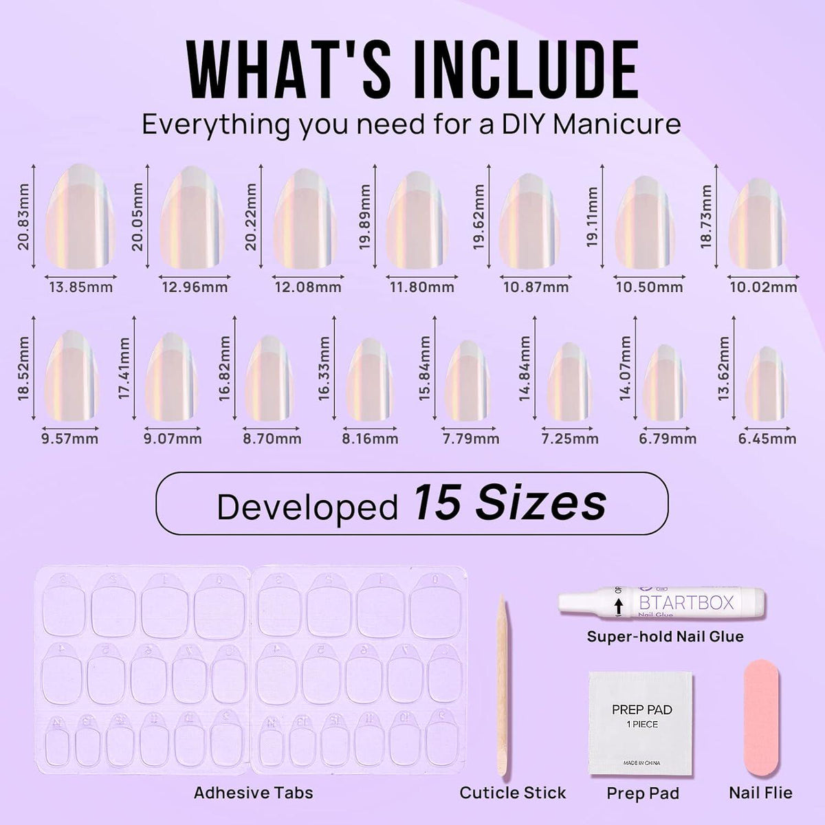 BTArtbox French Tip Press On Nails - BTArtbox White Almond Medium Reusable Stick On Nails In 15 Sizes - 30 Soft Gel Fake Nail Kit For Women Gift, Classic