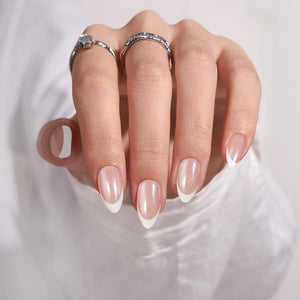 BTArtbox French Tip Press On Nails - BTArtbox White Almond Medium Reusable Stick On Nails In 15 Sizes - 30 Soft Gel Fake Nail Kit For Women Gift, Classic