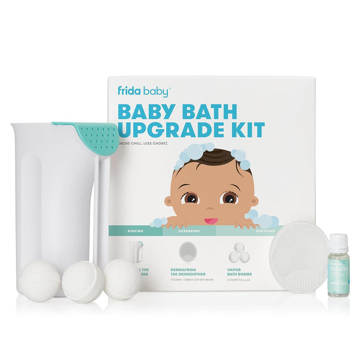 Frida Baby Baby Bath Upgrade Kit, Infant & Toddler Bath Essentials, Rinser Cup, Silicone Brush, Bath Bombs & Essential Oil Vapor Drops