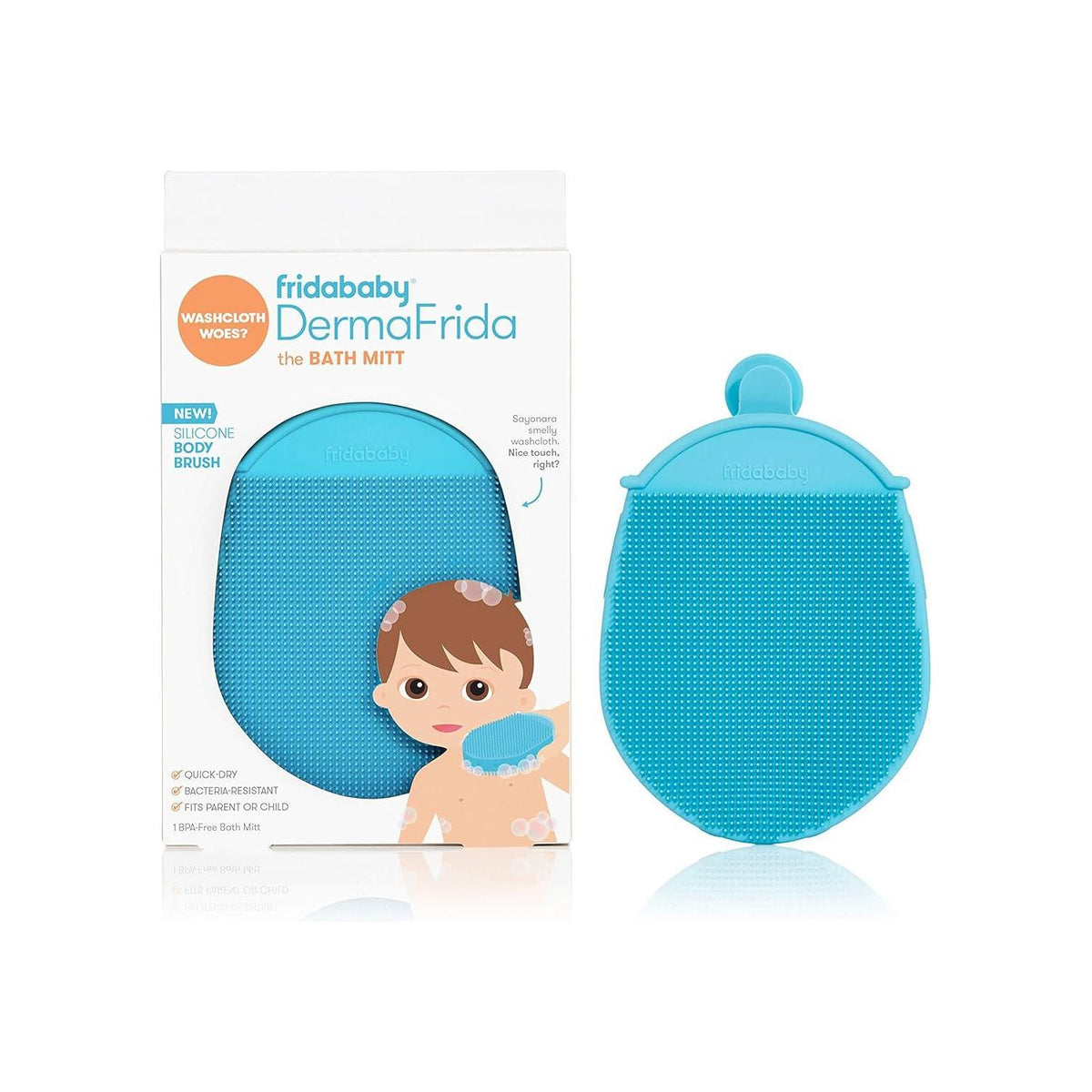 Frida Baby DermaFrida The Bath Mitt | Toddler Quick-Dry Body Bath Brush, Silicone, Replacement To Kid's Washcloth | Fits Both Parent Or Child For Early Stage Development,