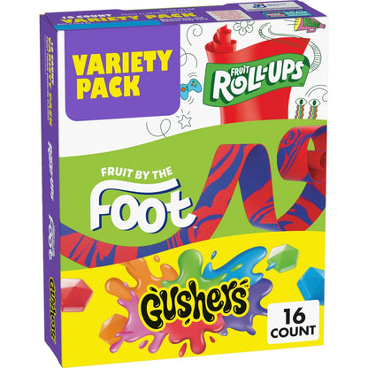 Fruit by the Foot, Fruit Roll-Ups & Gushers, Easter Basket Stuffers, Fruit-Flavored Snacks Variety Pack, Gluten-Free, 16ct (102oz)