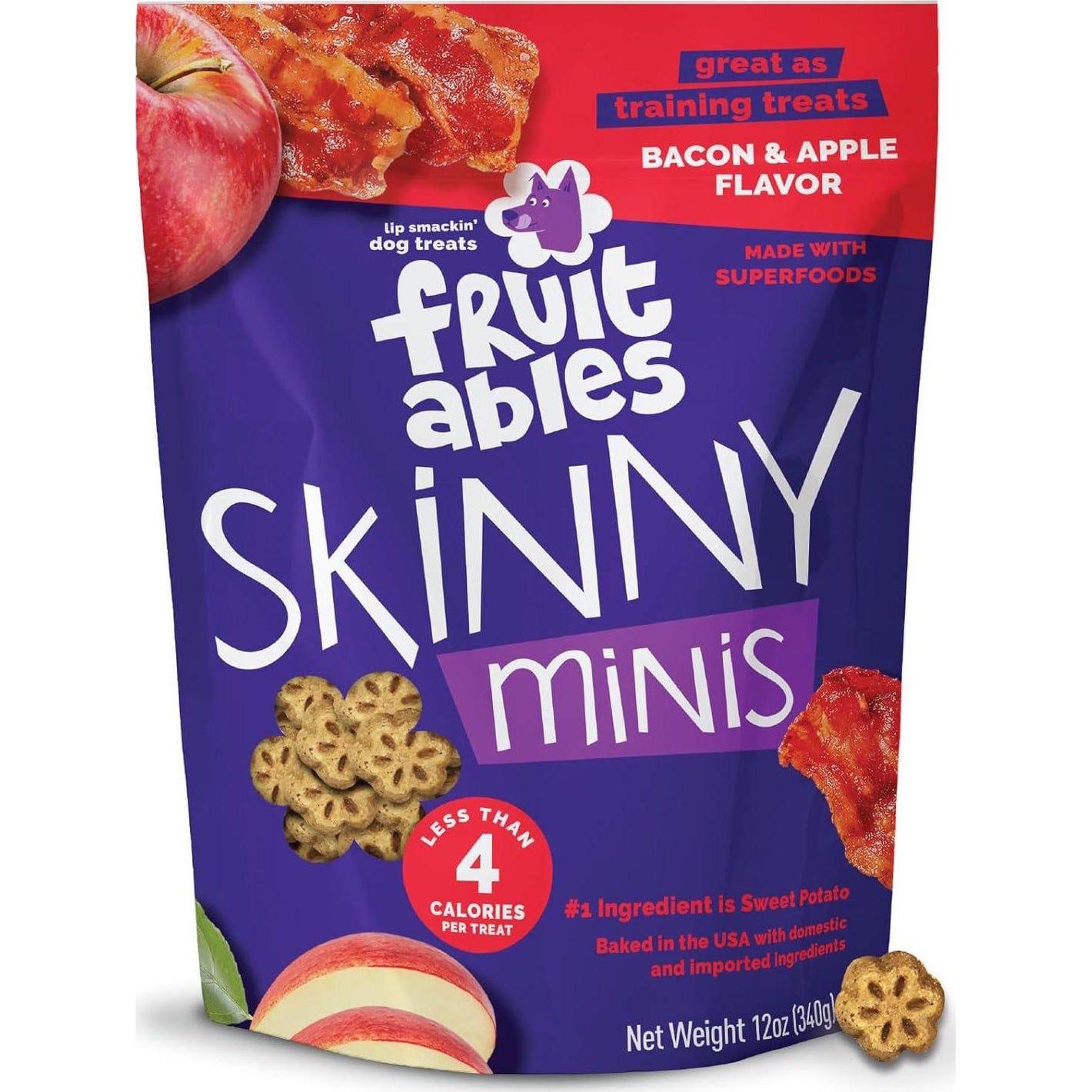 Fruitables Skinny Minis Dog Treats, Bacon & Apple Flavor, Low Calorie, Training Treats, 12 oz Bag