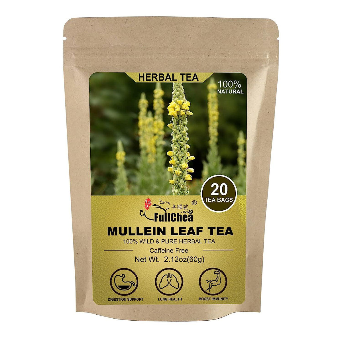 FullChea FullChea -Mullein Leaf Tea Bags, 20 Teabags, 3g/bag For Lungs - Non-GMO - Caffeine-free - Natural Healthy Herbal Tea For Detox And Respiratory Support