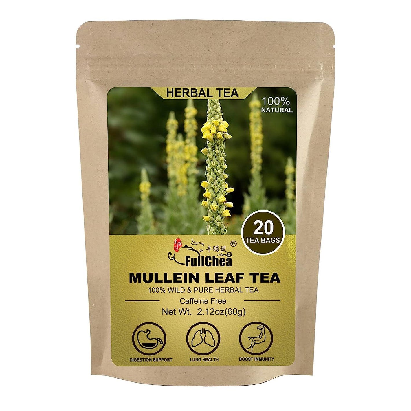 FullChea FullChea -Mullein Leaf Tea Bags, 20 Teabags, 3g/bag For Lungs - Non-GMO - Caffeine-free - Natural Healthy Herbal Tea For Detox And Respiratory Support