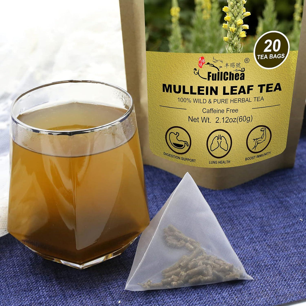 FullChea FullChea -Mullein Leaf Tea Bags, 20 Teabags, 3g/bag For Lungs - Non-GMO - Caffeine-free - Natural Healthy Herbal Tea For Detox And Respiratory Support