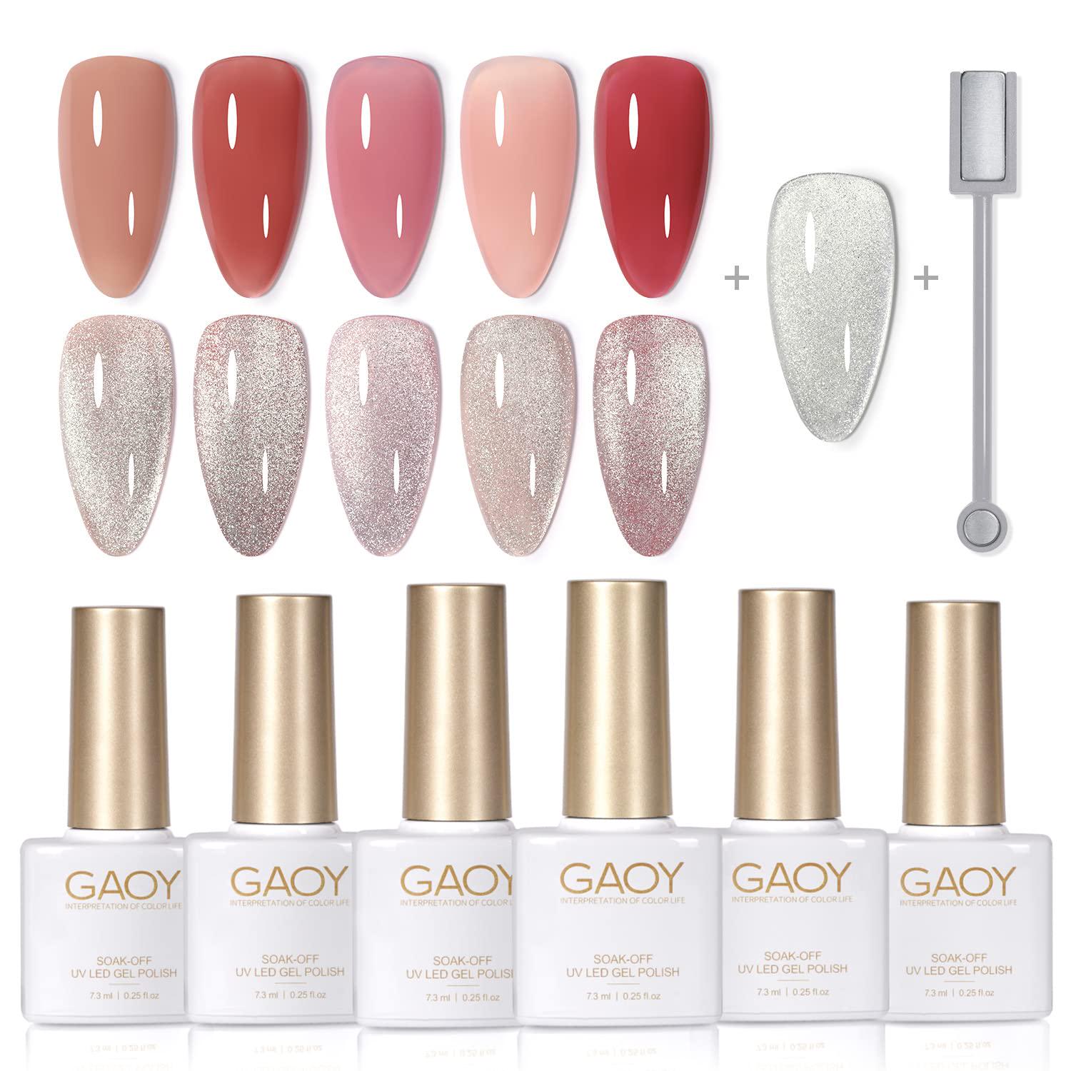 GAOY Gel Nail Polish Set In Jelly Red Pink Nude With Glitter Cat Eye Gel And Magnet For Manicure And Nail Art DIY At Home - Rosy Haze,