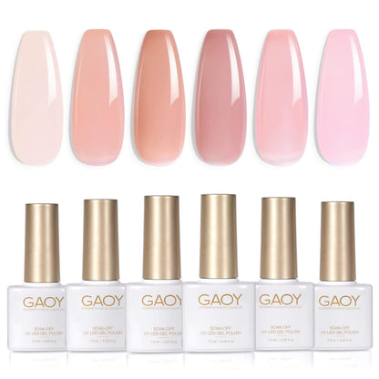 GAOY GAOY Jelly Nude Pink Gel Nail Polish Set, 6 Transparent Sheer Colors Soak Off UV Light Cure Gel Polish Kit For Salon And Nail Art DIY At Home