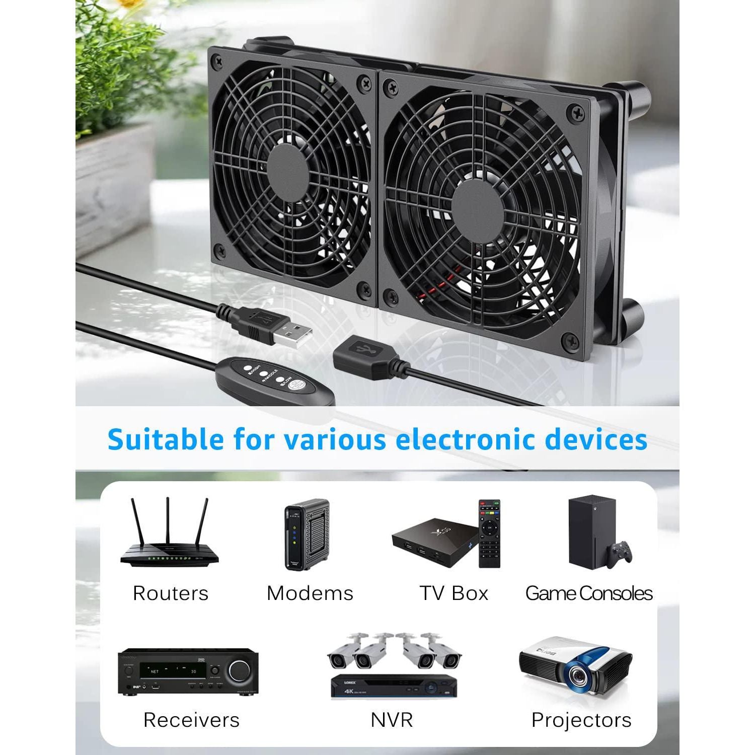 GDSTIME Dual 120mm 5V USB Fans, 102CFM Big Airflow Fan Cooling For Router TV Box Micro Computer And Other Electronics,