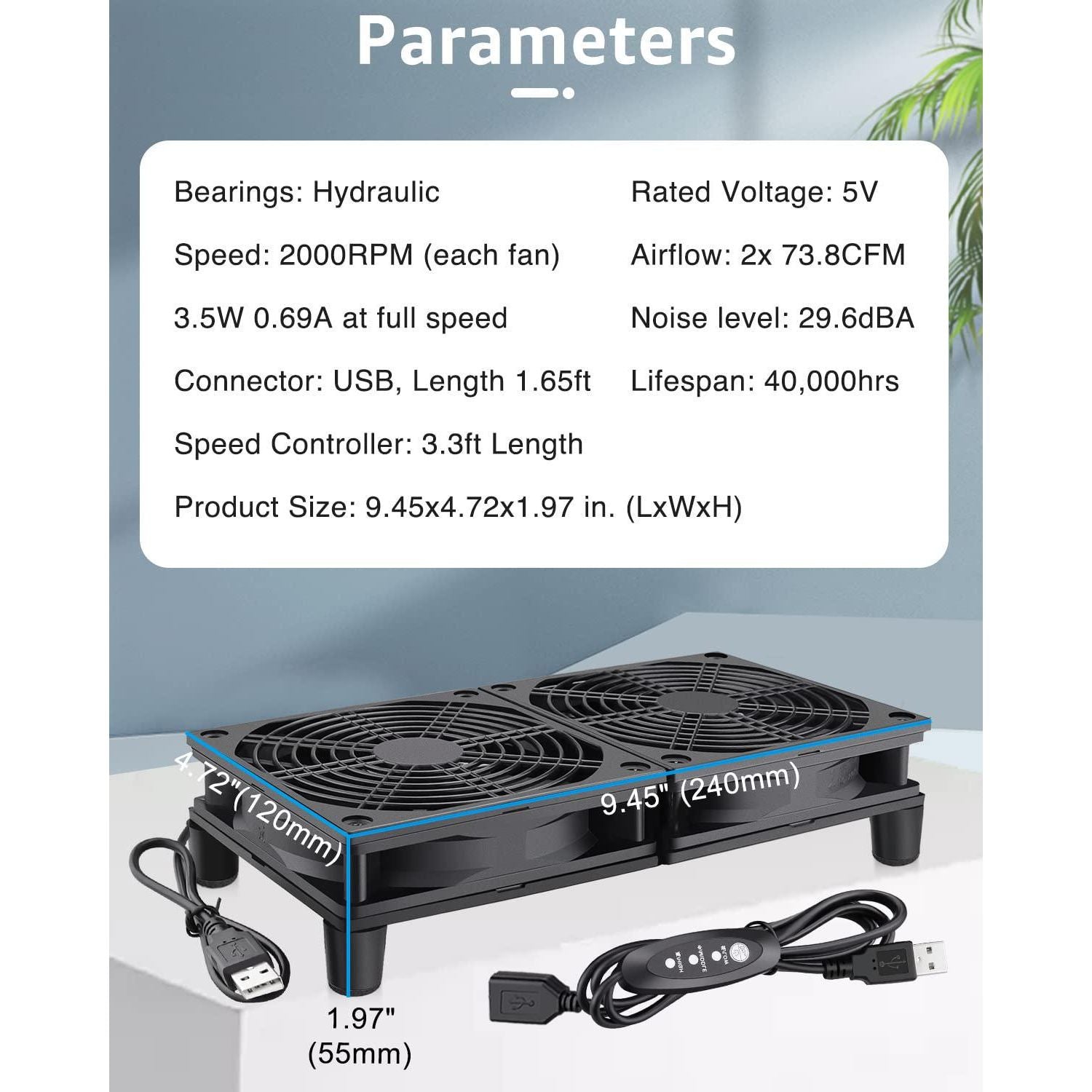 GDSTIME Dual 120mm 5V USB Fans, 102CFM Big Airflow Fan Cooling For Router TV Box Micro Computer And Other Electronics,