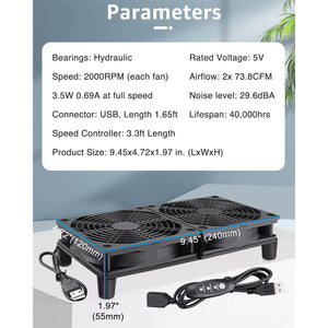 GDSTIME Dual 120mm 5V USB Fans, 102CFM Big Airflow Fan Cooling For Router TV Box Micro Computer And Other Electronics,