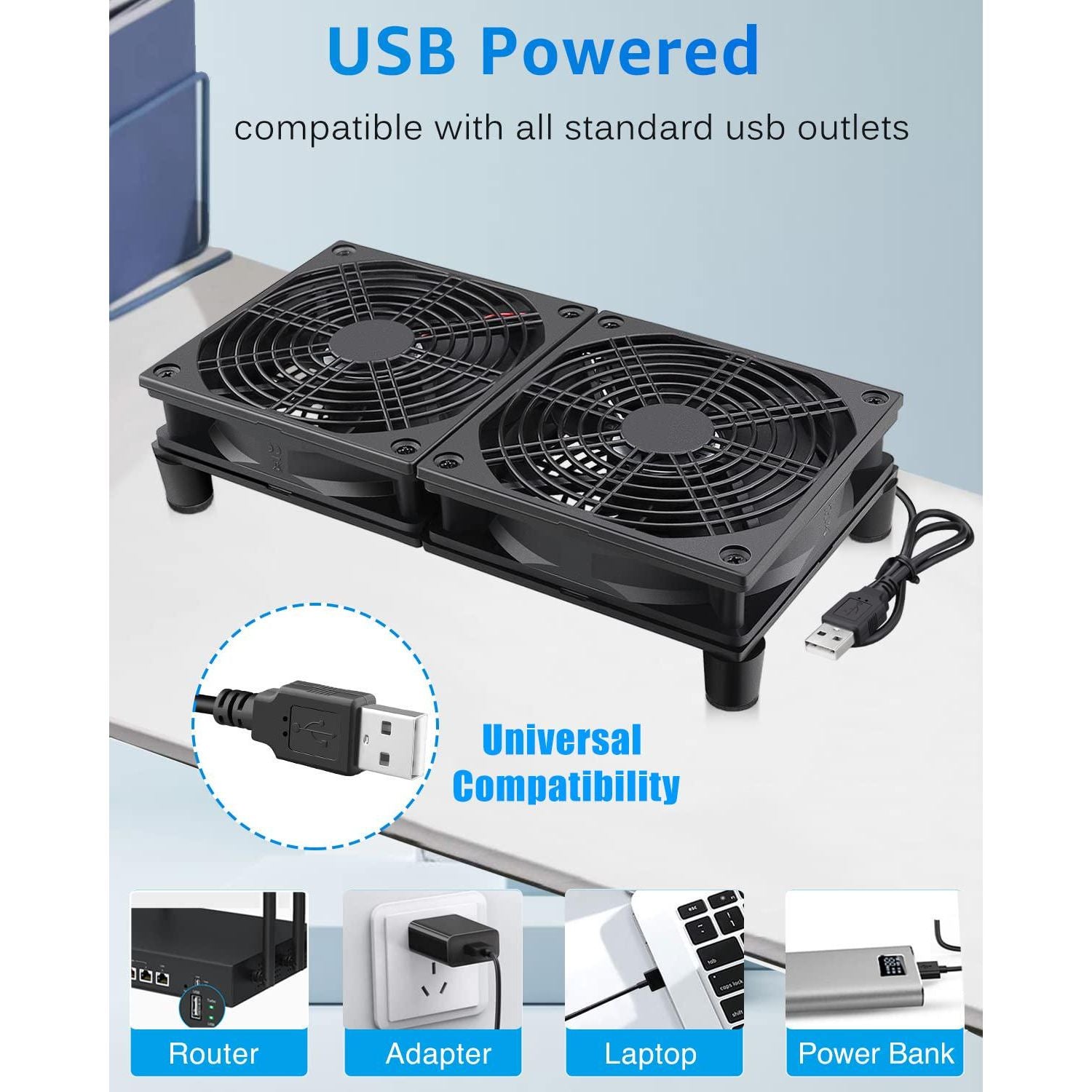 GDSTIME Dual 120mm 5V USB Fans, 102CFM Big Airflow Fan Cooling For Router TV Box Micro Computer And Other Electronics,
