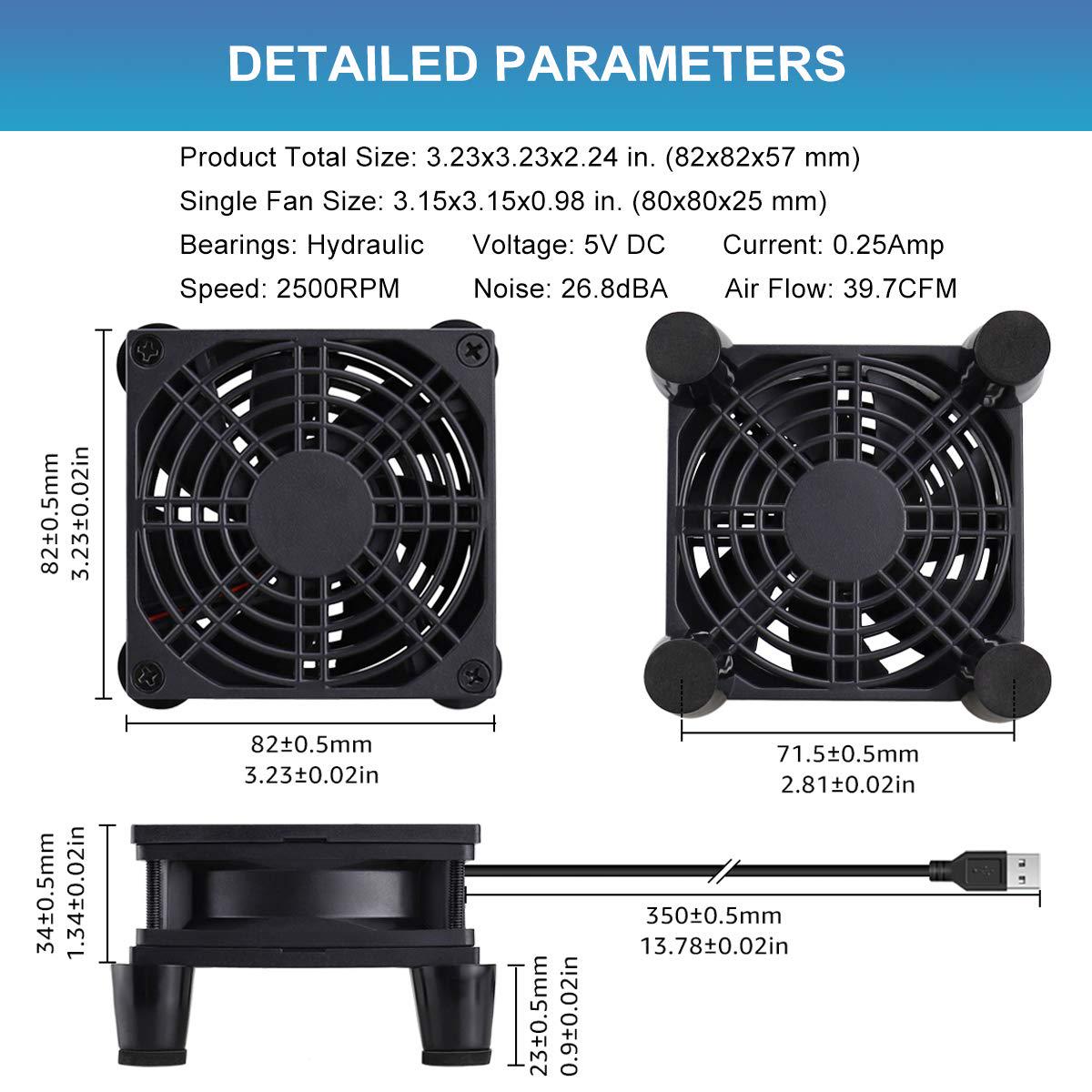 GDSTIME Quiet 80mm Fan, Router Cooler Fan, 80mm X 25mm DC 5V USB Brushless Cooling Fan,