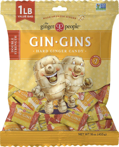 The Ginger People GIN GINS Double Strength Ginger Hard Candy Natural Ginger Candy By The Ginger People Individually Wrapped Healthy Candy Double Strength Flavor Large 1 Lb Bag (16oz) Pack Of 1