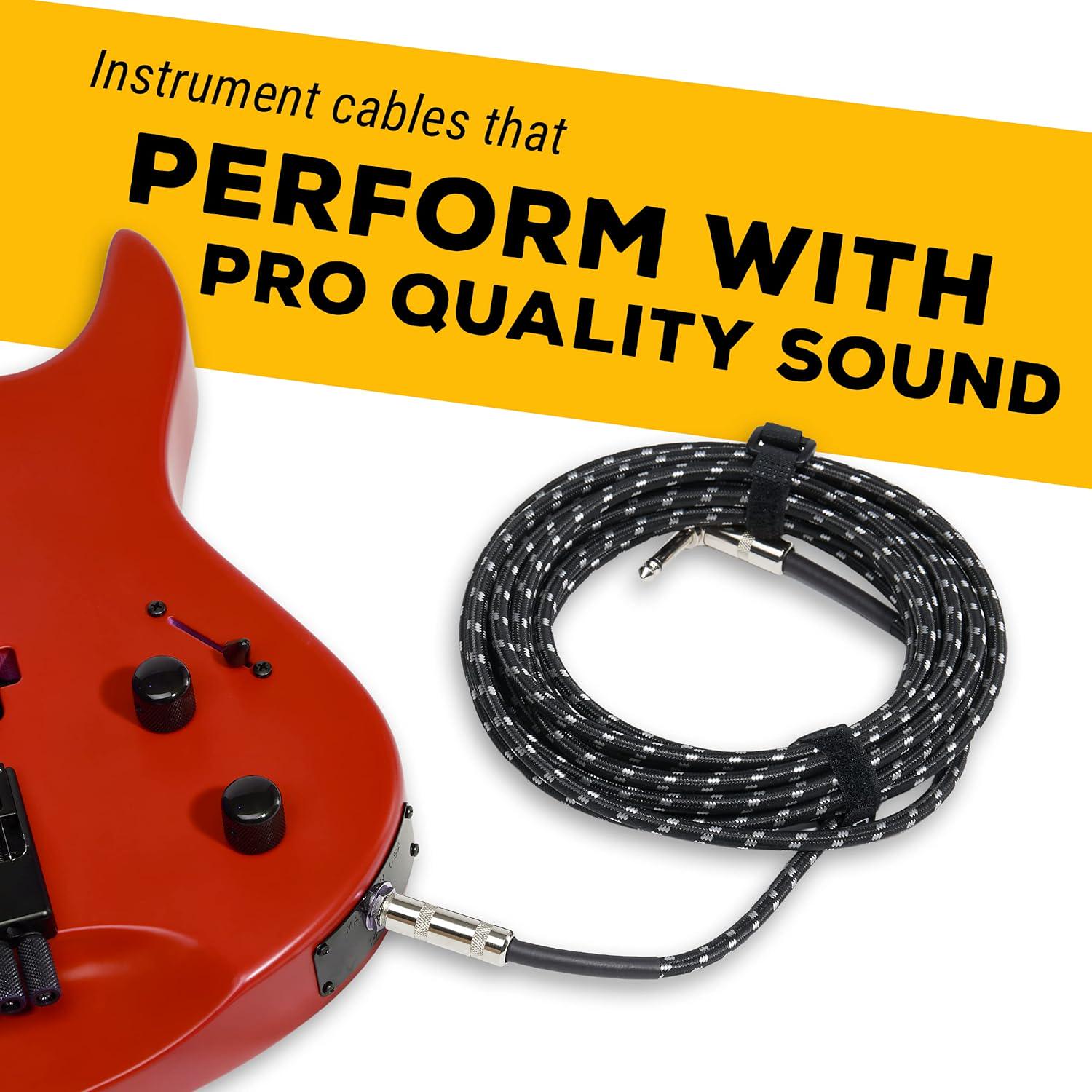 GLS Audio Instrument Cable - Amp Cord For Bass And Electric Guitar - Straight To Right Angle 1/4 Inch Instrument Cable - Brown/Yellow Braided Tweed, 10ft,