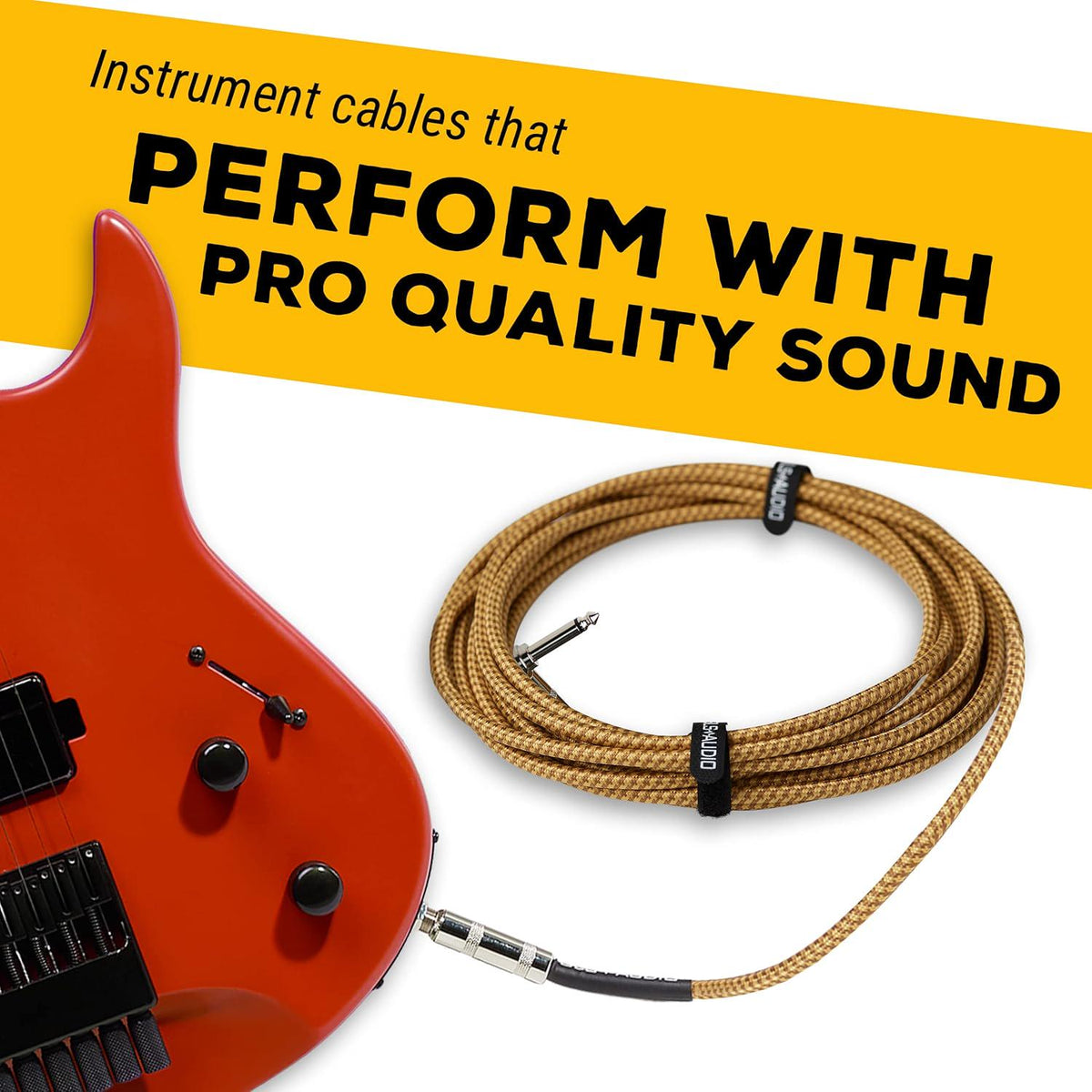 GLS Audio Instrument Cable - Amp Cord For Bass And Electric Guitar - Straight To Right Angle 1/4 Inch Instrument Cable - Brown/Yellow Braided Tweed, 20ft,