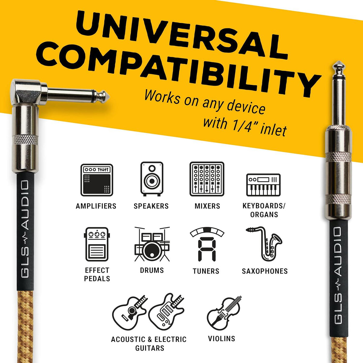 GLS Audio Instrument Cable - Amp Cord For Bass And Electric Guitar - Straight To Right Angle 1/4 Inch Instrument Cable - Brown/Yellow Braided Tweed, 20ft,