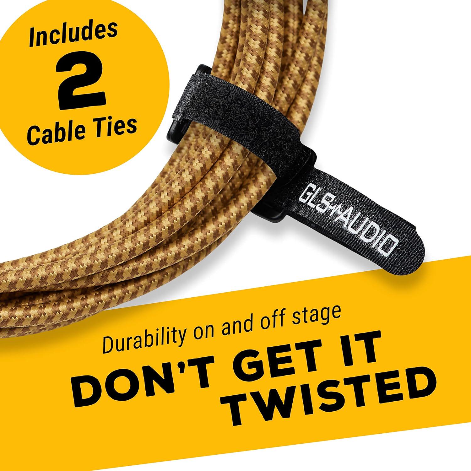 GLS Audio Instrument Cable - Amp Cord For Bass And Electric Guitar - Straight To Right Angle 1/4 Inch Instrument Cable - Brown/Yellow Braided Tweed, 10ft,