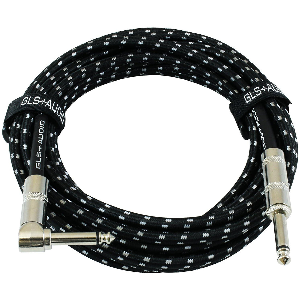 GLS Audio Instrument Cable - Amp Cord For Bass And Electric Guitar - Straight To Right Angle 1/4 Inch Instrument Cable - Black/Grey Braided Tweed, 20ft,