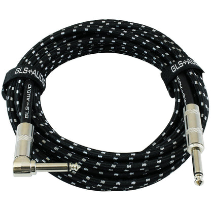 GLS Audio Instrument Cable - Amp Cord For Bass And Electric Guitar - Straight To Right Angle 1/4 Inch Instrument Cable - Black/Grey Braided Tweed, 20ft,