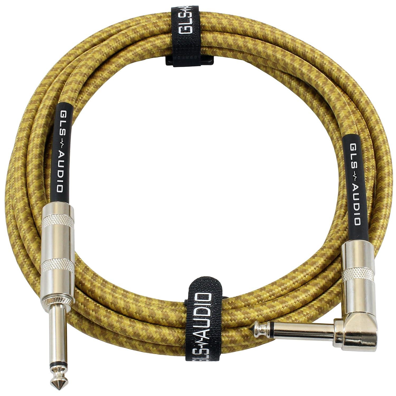 GLS Audio Instrument Cable - Amp Cord For Bass And Electric Guitar - Straight To Right Angle 1/4 Inch Instrument Cable - Brown/Yellow Braided Tweed, 10ft,
