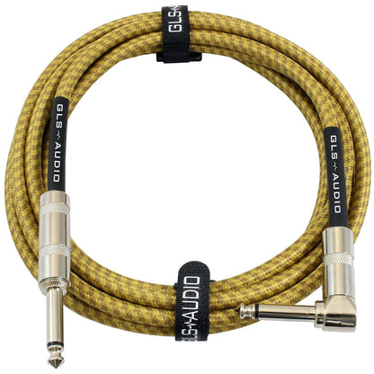 GLS Audio Instrument Cable - Amp Cord For Bass And Electric Guitar - Straight To Right Angle 1/4 Inch Instrument Cable - Brown/Yellow Braided Tweed, 10ft,